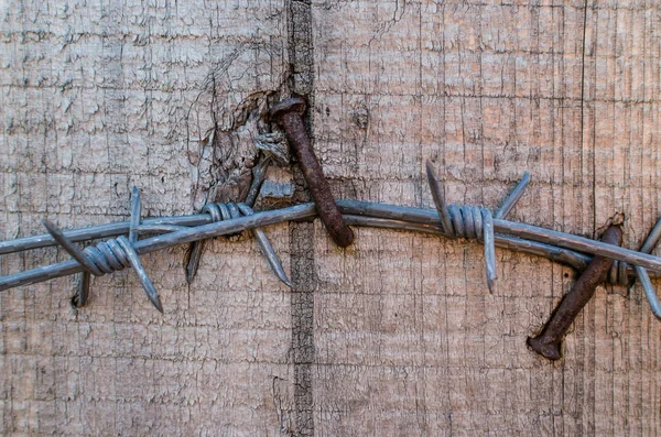 Stacheldraht mit rostigen Nägeln an ein Brett genagelt — Stockfoto