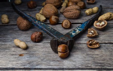 Çeşitli fındık, fıstık, fındık ve ceviz Maşa ile eski ahşap tablo