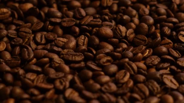 黑咖啡豆闭合 旋转和俯瞰 美味的谷物 — 图库视频影像