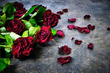 Bouquet of faded red roses with dead petals on the floor clipart
