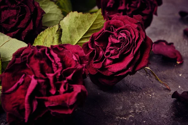 床に花びらが死んだ赤いバラの花束 — ストック写真