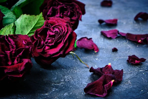 一束褪了色的红玫瑰 花瓣凋零在地板上 — 图库照片