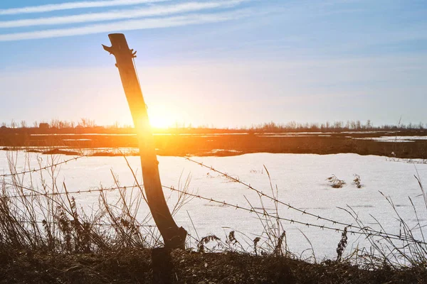 Sneeuwveld Achter Een Hek Met Kapotte Prikkeldraad Met Een Zonnige — Stockfoto