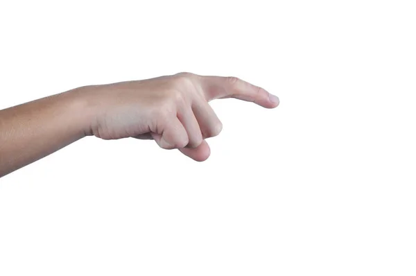Isolerade på vitt. Mänsklig arm att trycka något med pekfingret. — Stockfoto