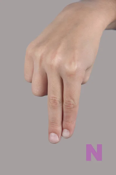 Alfabeto para deletrear los dedos. Letra N aislada sobre gris — Foto de Stock