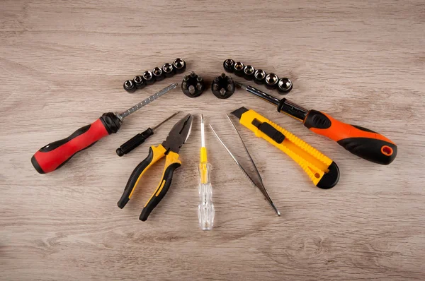 Various Types Tools Screws Lay Wooden Table — Stock Photo, Image