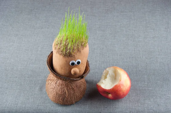 Spielzeugfigur Mit Haaren Aus Frischem Gras Sitzen Kokosnussschale Und Gebissenem — Stockfoto