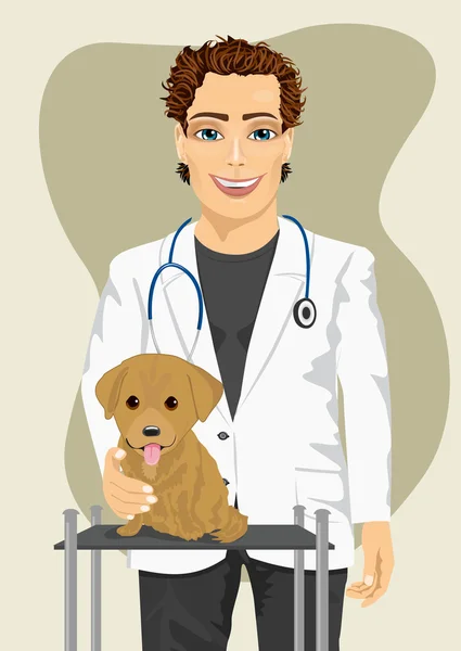 Γιατρός κτηνίατρος κάνοντας ένα check-up του Λαμπραντόρ κουτάβι — Διανυσματικό Αρχείο