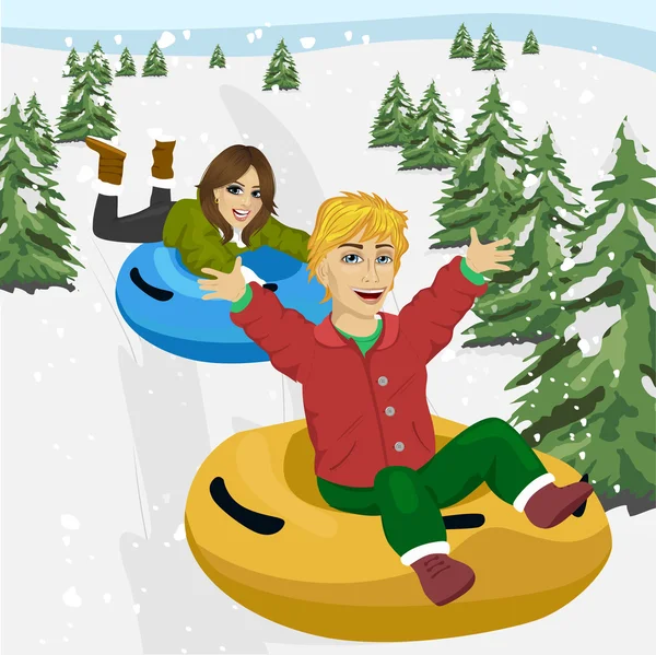 Groupe d'amis heureux glissant sur des tubes à neige hiver, loisirs, amitié et concept de personnes — Image vectorielle