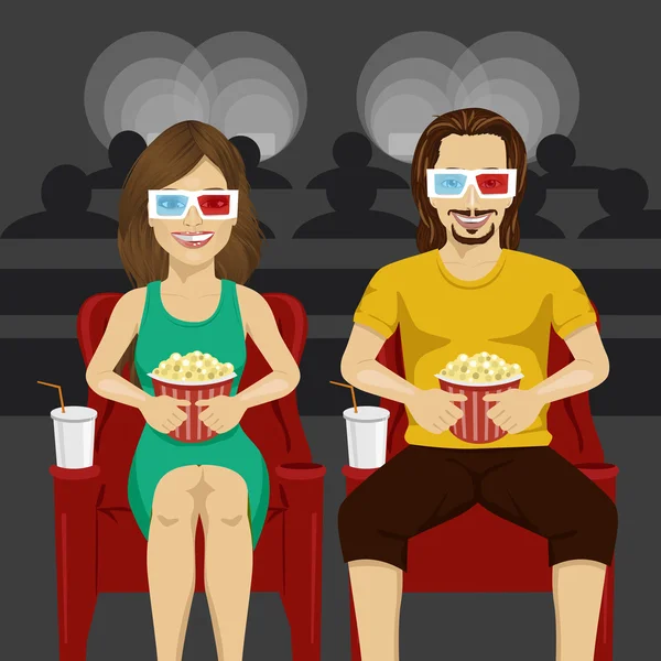 Boldog pár ül a mozi 3D-s film, pattogatott kukorica, étkezési mosolyogva. — Stock Vector