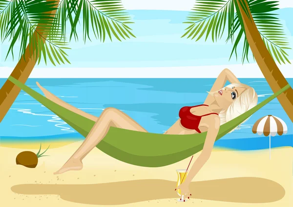 Giovane bionda rilassante in amaca sulla spiaggia vicino all'oceano blu — Vettoriale Stock