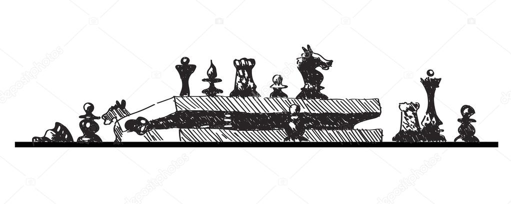 Conceptual sketch illustration with chess pieces and box on white background
