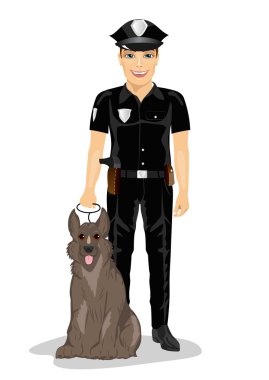 Polis polis beyaz arka plan üzerinde gülümseyen köpeği ile ayakta