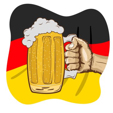 bira bardağı Oktoberfest kutlamaları, elle çizilmiş resimde Alman bayrağı üzerinde tutan el kroki