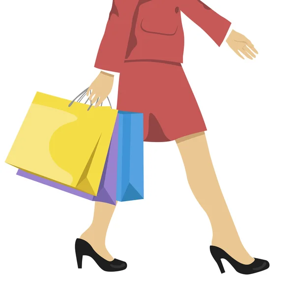 Mujer con bolsas de compras, cintura media inferior abajo ilustración de las piernas en tacones altos y bolsas de compras de colores . — Vector de stock