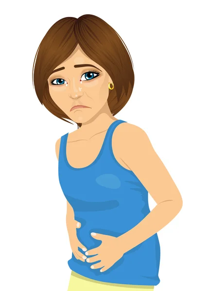 Young beautiful woman having abdominal pain isolated on white — Stock Illustration Young beautiful woman having abdominal pain isolated on white Royalty Free Stock Illustrations