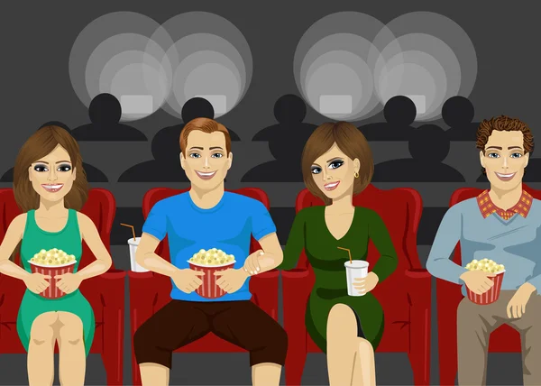 Boldog a fiatalok mosolyogva néz film együtt a helyi film színházban. Hétvégén hagyomány. — Stock Vector