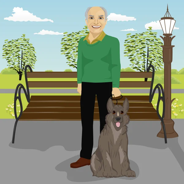高齢者男と夏の公園で犬 — ストックベクタ