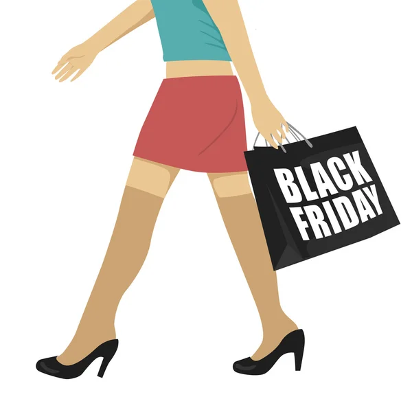Siyah ayakkabı alışveriş çantası siyah Cuma metinle ile yürüyüş giyen kadın bacakları — Stok Vektör