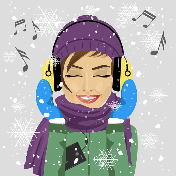 Giovane donna che indossa abiti invernali ascoltando musica con le cuffie in inverno sotto la nevicata — Vettoriale Stock