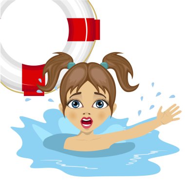 küçük kız biri halka şamandıra lifebuoy atar iken su içinde çığlık