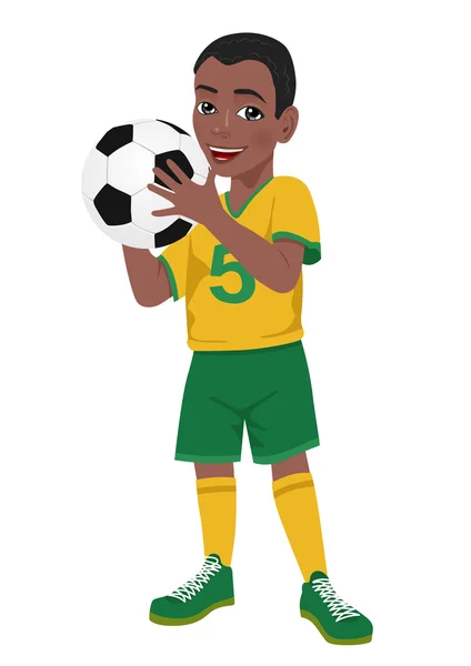 Afrikanischer kleiner Junge Fußballspieler in gelbgrüner Uniform hält Ball — Stockvektor