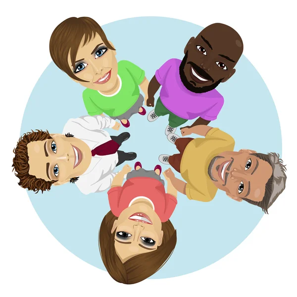 Group of multiracial young people in a circle looking up holding their hands together — Stock vektor