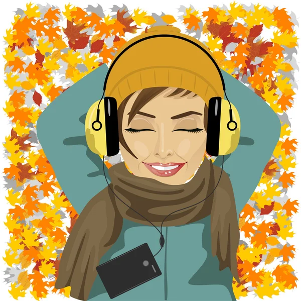 Young woman listening to music lying on autumn leaves floor — Stock Vector