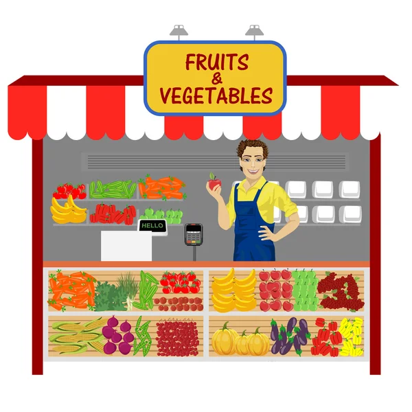 Loja de legumes e frutas com jovem vendedor —  Vetores de Stock