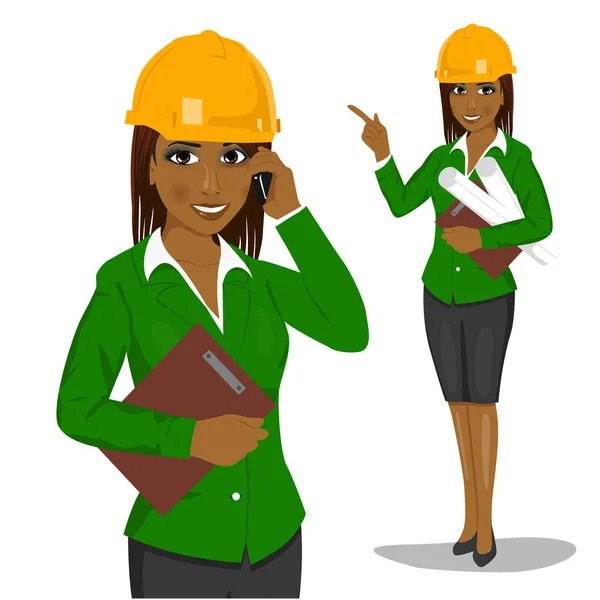 Female african american architect wearing yellow safety helmet holding blueprints and clipboard talking on phone — Stock Vector