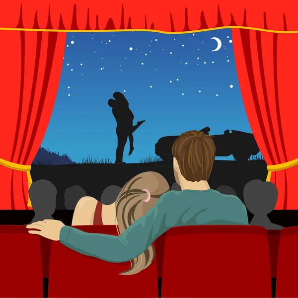 Pareja de amantes viendo una película romántica en el cine — Archivo Imágenes Vectoriales