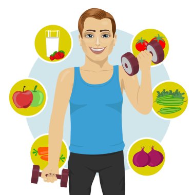 dambıl ve sağlıklı meyve çeşitli sportif adam