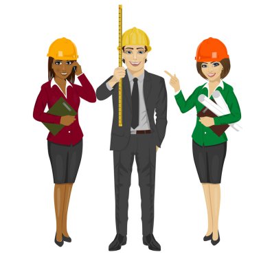 Mimar takım ayakta planları, Pano ve şerit metre tutan Emanet kask şapka