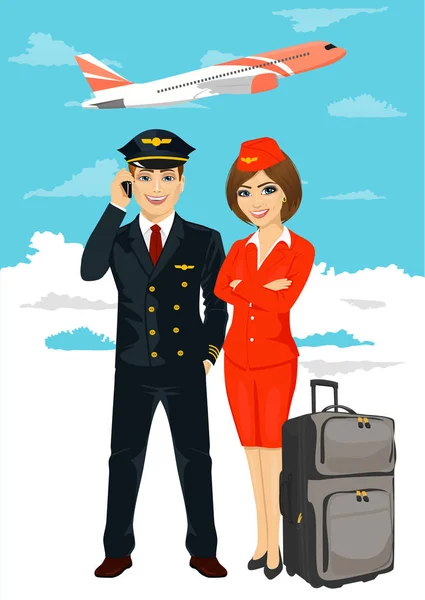 Membres d'équipage d'aviation professionnels du pilote et hôtesse de l'air avec avion décollant en arrière-plan — Image vectorielle