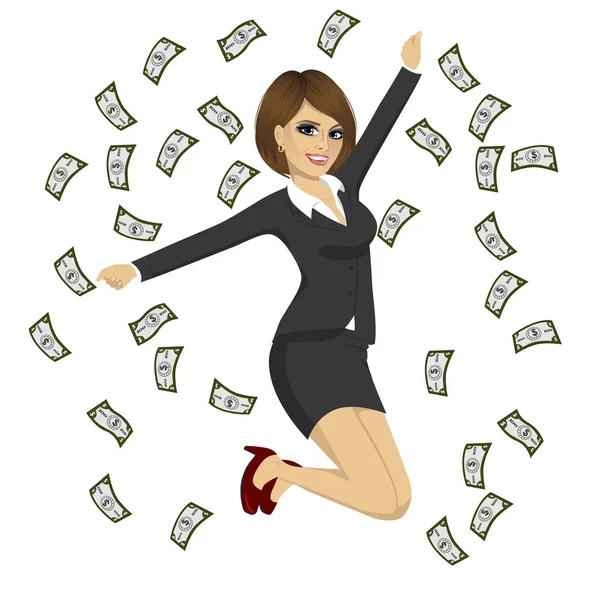 Felice donna d'affari saltando mentre dollari fatture volare intorno a lei — Vettoriale Stock