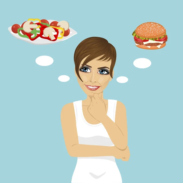 Giovane donna che sceglie tra hamburger e insalata. Sano e concetto di cibo spazzatura — Vettoriale Stock