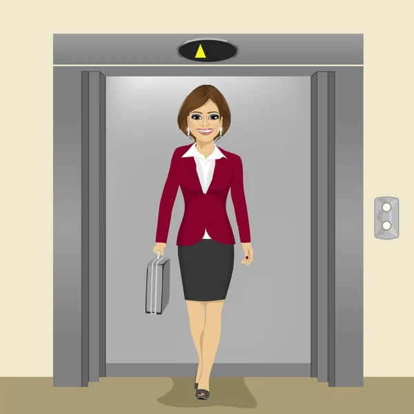Νέοι όμορφη επιχειρηματίας με Χαρτοφύλακα που βγαίνει από το ασανσέρ κτιριακό — Διανυσματικό Αρχείο