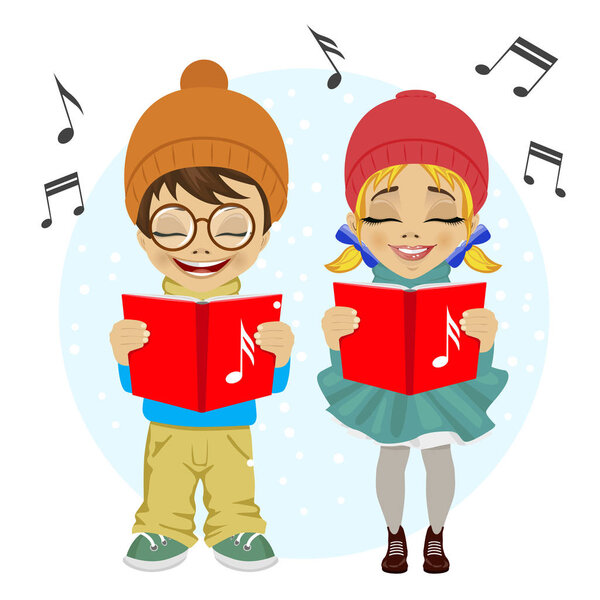 Мальчик и девочка поют рождественские песни
