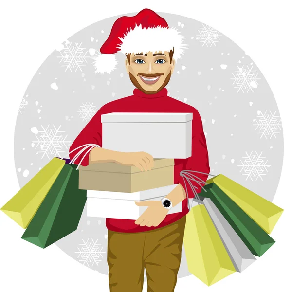 Молодой человек в шляпе Санты ходить с сумками и коробками - Рождество, продажа, скидка и праздничные концепции — стоковый вектор