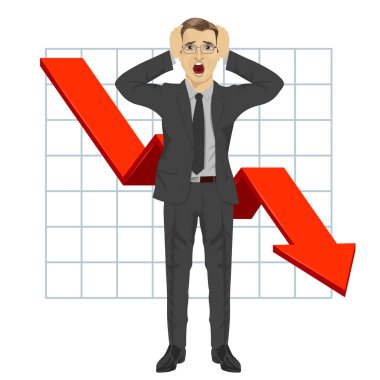 iş adamı kafasını yakaladı. Kırmızı ok. Mali grafik aşağı. Düşen eğilim. Kriz