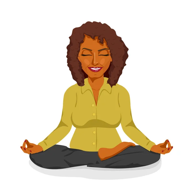 Hermosa mujer de negocios afroamericana relajante feliz en yoga pose de loto — Vector de stock