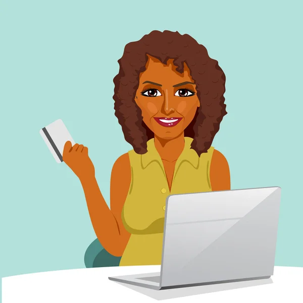 Afrikanisch-amerikanische Frau mit Laptop online einkaufen mit Kreditkarte — Stockvektor