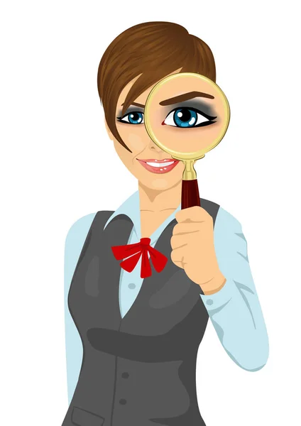 Female company employee holding magnifying glass — Stock Vector