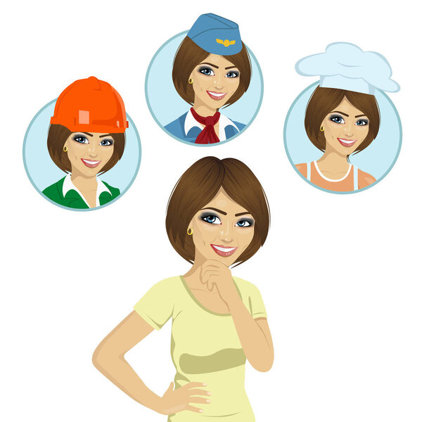 молодая девушка думает о выборе карьеры, как стюардесса, повар, рабочий
