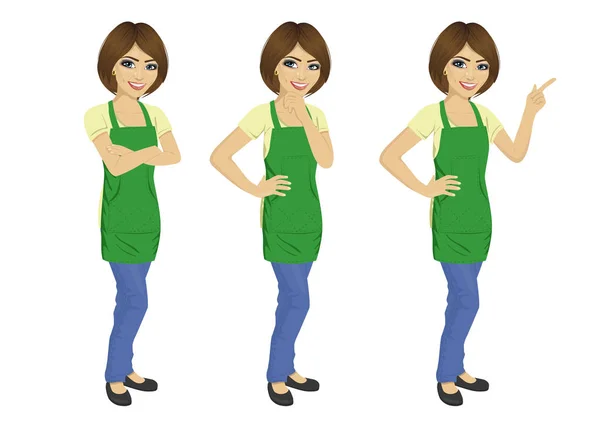 Mujer joven vistiendo upron verde de pie en diferentes poses — Vector de stock