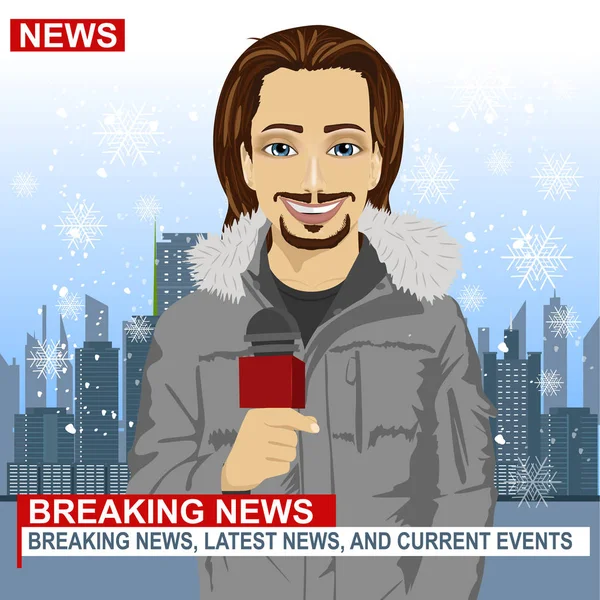 Αρσενικό δημοσιογράφος εργάζεται το χειμώνα μπροστά από την πόλη με ουρανοξύστες κρατώντας μικρόφωνο — Διανυσματικό Αρχείο
