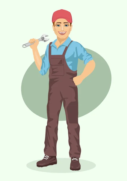 Young plumber or mechanic man with wrench — Stock Vector