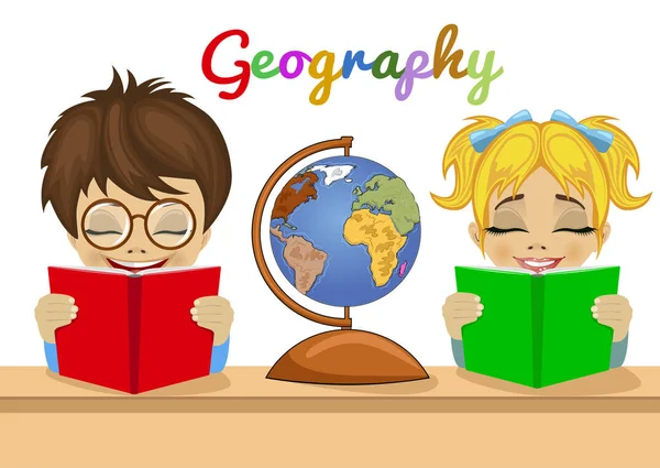 Pré-escolares estudando geografia juntos lendo livros com explorador globo —  Vetores de Stock