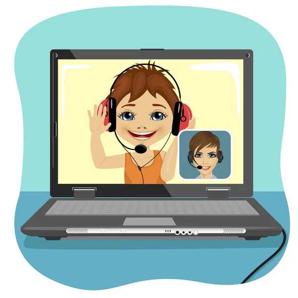 Маленький хлопчик спілкується з матір'ю через інтернет. Відеодзвінок і концепція балачки. Сучасні комунікаційні технології . — стоковий вектор