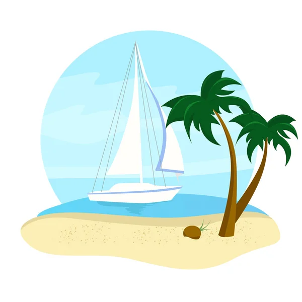 여름 휴가 여행 요트, 코코넛 나무와 비치 아이콘 — 스톡 벡터